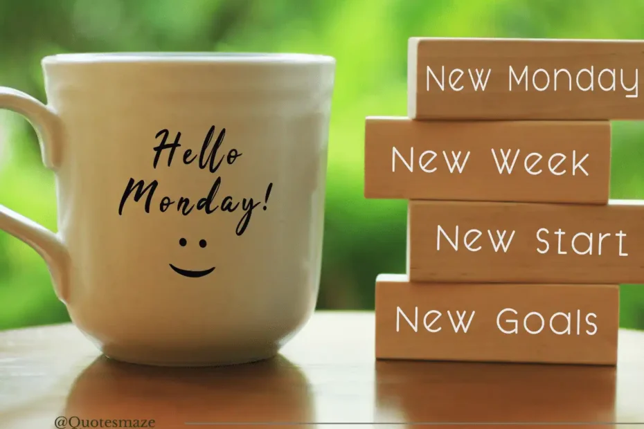 Cup of tea with text hello monday and wooden rectangular blocks piled up with text: NEW MONDAY, NEW WEEK, NEW START, NEW GOALS